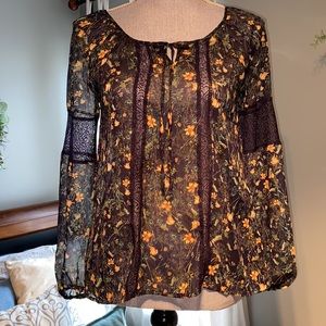 Princess Vera Wang floral navy textured sheer lace trim top xs